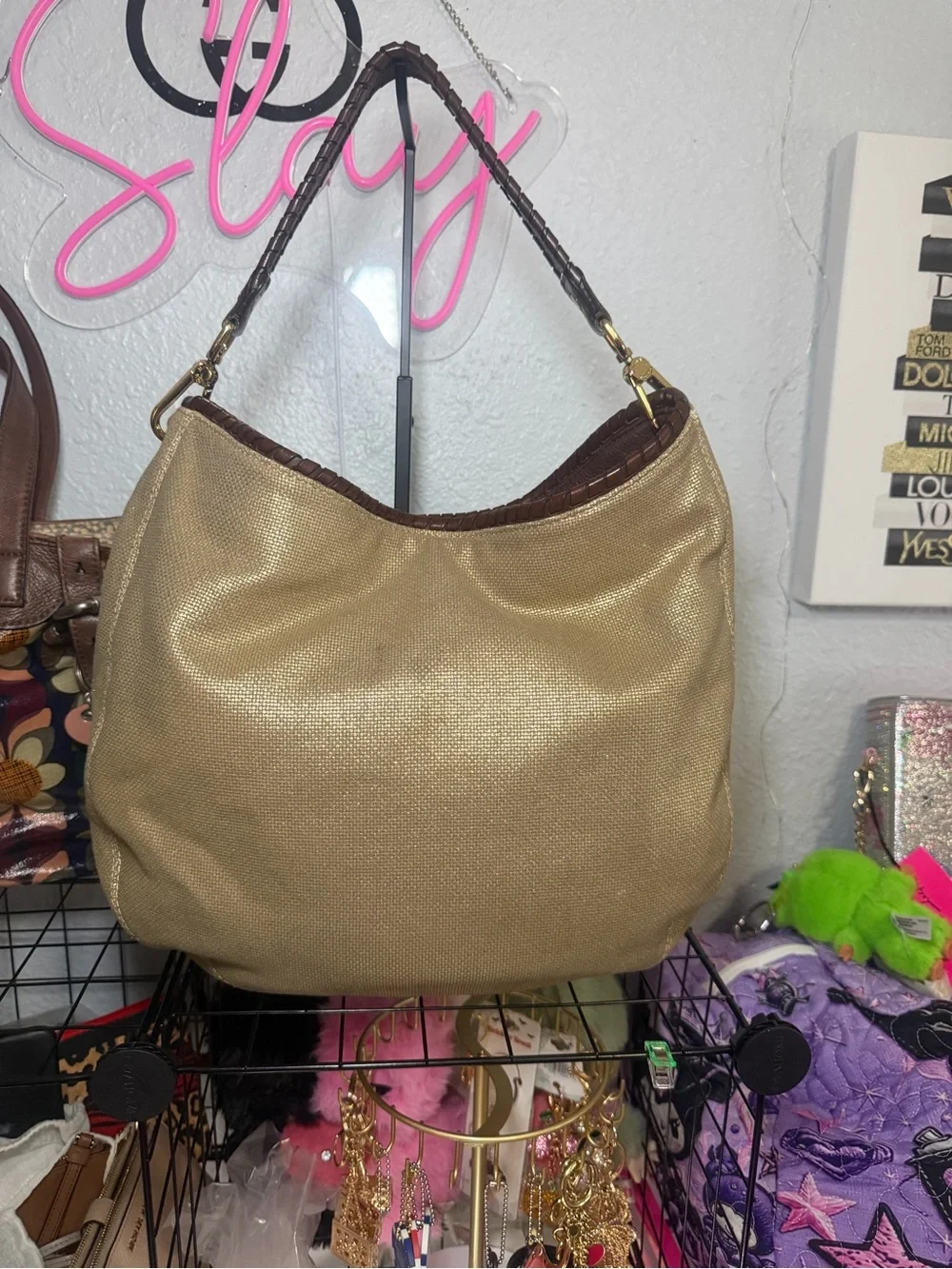 Michael Michael Kors Gold Metallic Canvas Hobo Bag Brown Whipstitch Leather Trim